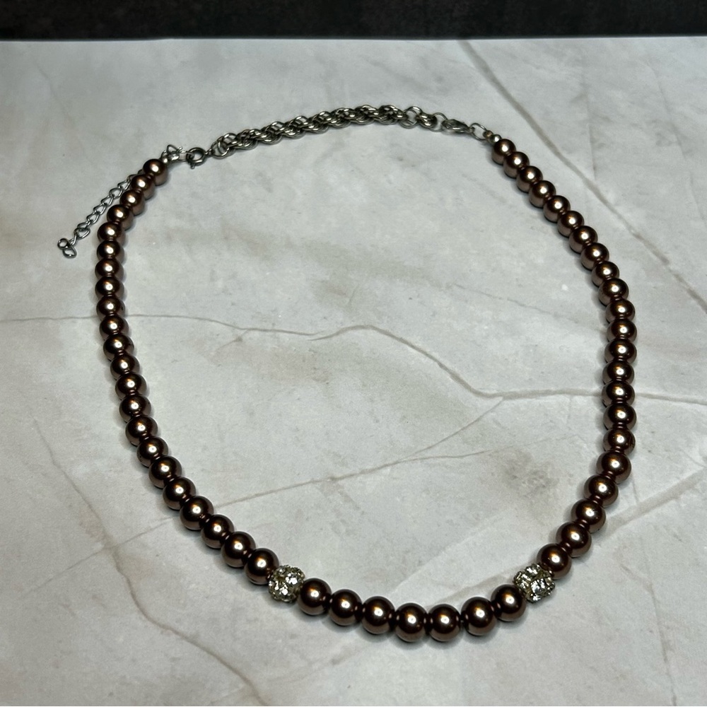 Elegant Brown Faux Pearl Necklace with Silver Tone Accents